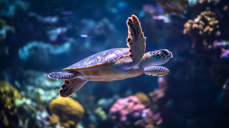 A stunning sea turtle glides gracefully through a vibrant coral reef, showcasing the beauty of marine life and the tranquility of underwater environments.の素材