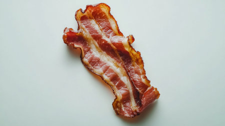 A single crispy bacon strip lies on a clean white background, highlighting its rich color and texture. Perfect for food photography and culinary design.の素材