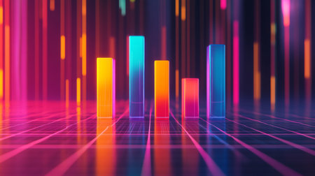 A vibrant and colorful data visualization scene featuring bars and lines representing various metrics. Perfect for showcasing modern data analysis concepts.の素材