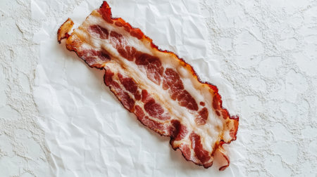 A single crispy bacon strip rests on crumpled paper, showcasing its rich texture and savory appeal. Perfect for food photography and culinary projects.の素材