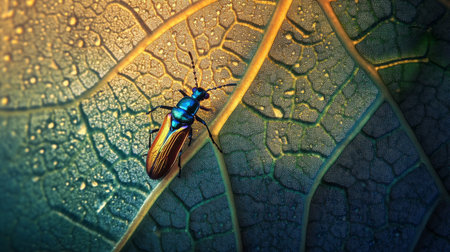 A vibrant insect rests on a textured leaf, showcasing intricate details and colors. Ideal for nature enthusiasts and educational projects.の素材