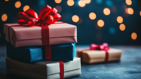 Three beautifully wrapped gift boxes with colorful ribbons sit against a dreamy bokeh background, ideal for conveying festive joy and holiday spirit.の素材