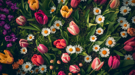 A vibrant display of colorful tulips and cheerful daisies fills the garden in spring. This photo captures the essence of blooming flowers, radiating natural beauty.の素材