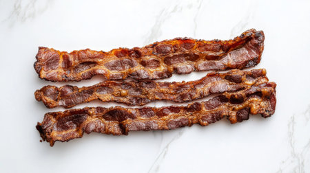 Three crispy bacon strips arranged on a marble surface, showcasing a rich texture and mouthwatering appeal, perfect for breakfast or snack inspirations.の素材