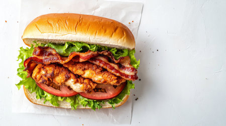 A mouthwatering crispy chicken bacon sandwich featuring fresh lettuce, juicy tomato, and a soft bun. Perfect for any meal, snack, or gathering.の素材