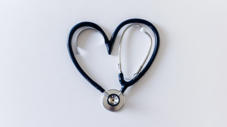 A stethoscope arranged in a heart shape symbolizes love and compassion in healthcare, emphasizing the connection between medical professionals and patients.の素材