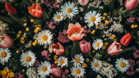 A stunning display of colorful spring flowers featuring tulips and daisies, creating a vibrant and cheerful atmosphere perfect for seasonal themes.の素材