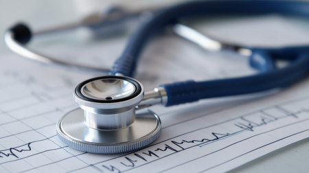 A close-up of a stethoscope on a medical chart illustrates the connection between healthcare professionals and patient diagnosis through sound.の素材