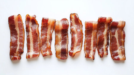 Freshly sliced bacon arranged neatly on a white background, showcasing its savory texture and rich color. Ideal for food-related projects.の素材