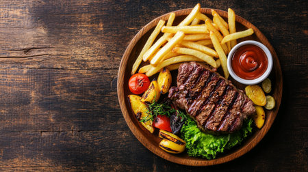 A mouthwatering plate featuring grilled steak, crispy fries, and vibrant vegetables, perfect for a hearty meal. Ideal for food lovers and culinary enthusiasts.の素材
