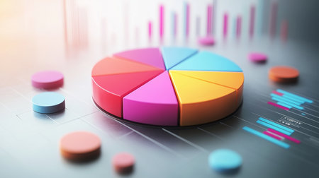 A vibrant pie chart representing data analysis, ideal for business presentations. The modern design enhances insights and visual appeal for reports.の素材