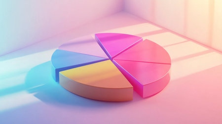A vibrant and modern 3D pie chart placed in a well-lit room, showcasing colorful segments that represent data visually. Ideal for business and marketing presentations.の素材