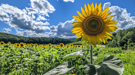 A stunning sunflower stands tall in a vibrant field under a bright blue sky dotted with fluffy clouds, embodying the beauty of summer and nature's colors.の素材