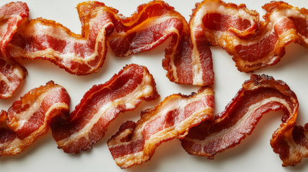 A close-up of crispy bacon strips arranged on a white background. This image captures the savory and indulgent nature of bacon, ideal for food-related content.の素材
