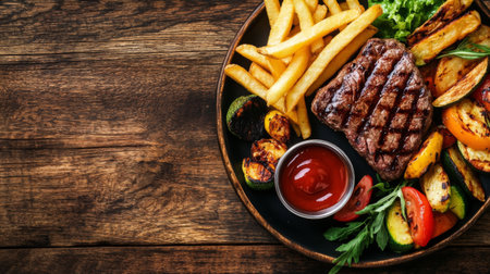 A delicious plate featuring grilled steak, crispy fries, and fresh vegetables arranged on a rustic wooden table, perfect for a hearty meal or gathering.の素材