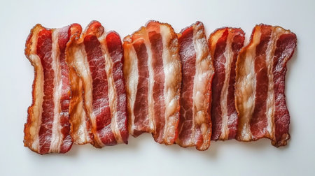 A collection of crispy bacon strips arranged neatly on a white background, perfect for showcasing breakfast or culinary delights. Ideal for food-related projects.の素材