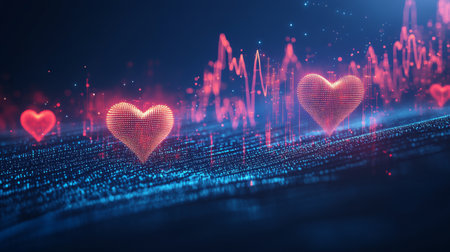 This striking digital artwork features glowing heart icons symbolizing love and emotion, contrasted against vibrant data waves, ideal for various creative projects.の素材
