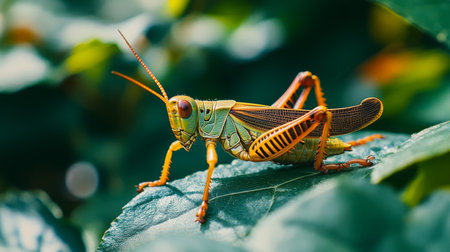 A vibrant grasshopper rests on a lush green leaf, showcasing intricate details and colors. Captured in a macro shot, this image highlights the beauty of nature.の素材