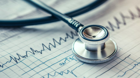 A close-up view of a stethoscope resting on a medical chart displaying heartbeat lines, symbolizing healthcare, diagnosis, and patient care in a clinical setting.の素材