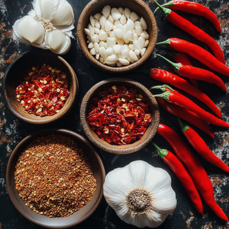 A rustic collection of fresh garlic, vibrant red chilies, and various spices arranged on a dark countertop, perfect for culinary inspiration and cooking purposes.の素材
