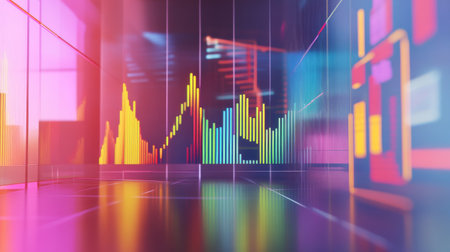 A vivid and colorful data visualization scene showcasing graphs and analytics in a modern workspace, perfect for illustrating business concepts and technology trends.の素材