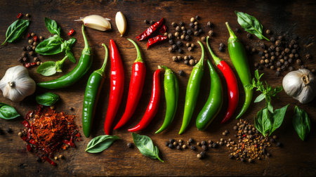 An artistic arrangement of vibrant chili peppers, garlic, and fresh herbs creates a beautiful display perfect for food photography and recipe inspiration.の素材