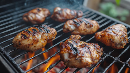 Mouth-watering grilled chicken breasts on a barbecue grill, showcasing perfect grill marks and smoky flavors, ideal for summer meals and outdoor gatherings.の素材