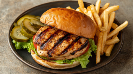 A mouthwatering grilled chicken burger served with fresh lettuce, tomato, pickles, and crispy fries on a dark plate, perfect for any meal.の素材