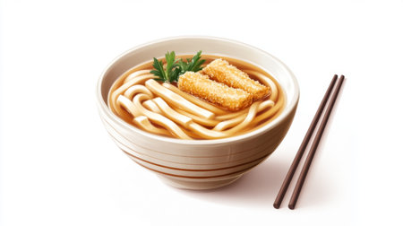 A mouthwatering bowl of noodles served in flavorful broth, topped with crispy fried tofu and fresh herbs. Perfect for a comforting meal.の素材