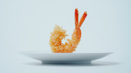 A minimalist presentation of crispy fried shrimp on a white plate, showcasing texture and color. Ideal for culinary and restaurant use in promotion.の素材