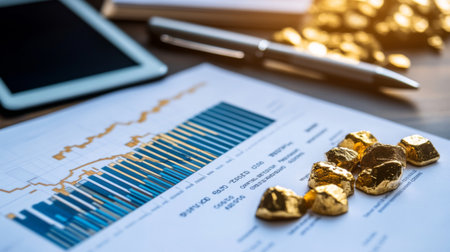 A close-up of financial analysis tools showcasing gold bars alongside charts and graphs. Perfect for illustrating themes of investment and economic growth.の素材