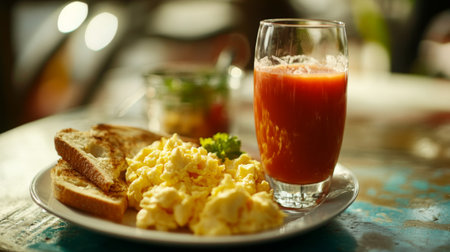 A vibrant breakfast plate featuring scrambled eggs, toast, and a refreshing glass of juice, perfect for starting the day with delicious flavors.の素材