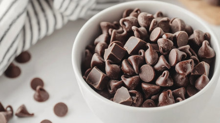 A closeup of rich dark chocolate chips in a bowl, perfect for baking or snacking. These delectable treats bring a gourmet touch to any recipe.の素材