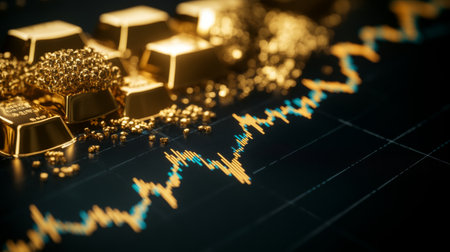 This image showcases gleaming gold bars alongside a financial graph, illustrating the relationship between precious metals and market trends. A perfect visual for investment themes.の素材