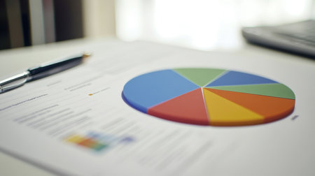 Colorful pie chart displayed on a business report highlights key data segments. Ideal for presentations, analysis, and financial documents in office settings.の素材
