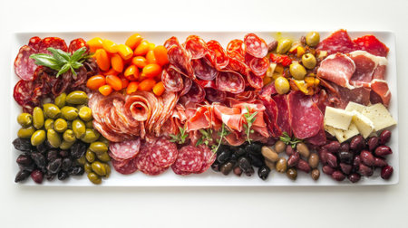 An elegant charcuterie board featuring a variety of cured meats, fresh olives, vibrant tomatoes, and artisanal cheeses, perfect for gatherings.の素材