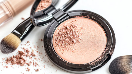 An appealing arrangement of cosmetics including powder, brushes, and a compact, showcasing beauty tools ideal for skincare and makeup routines.の素材