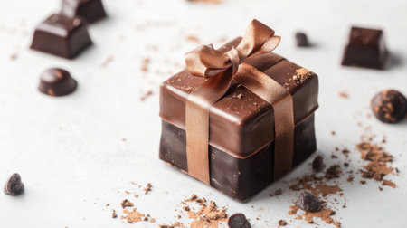 A beautifully wrapped chocolate gift box adorned with a ribbon, surrounded by chocolate pieces, creating an elegant and indulgent atmosphere perfect for celebrations.の素材