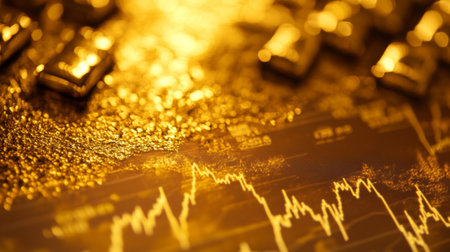 This image showcases gold bars overlaid with financial graphs, symbolizing investment and market trends. Ideal for finance and trading themes.の素材