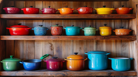A vibrant collection of colorful cookware arranged on a rustic wooden shelf, showcasing various sizes and shapes that enhance any kitchen aesthetic. Perfect for culinary enthusiasts.の素材