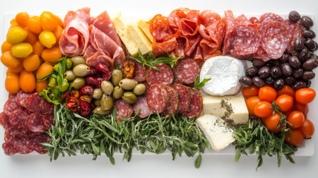 A vibrant charcuterie board showcasing a variety of meats, cheeses, olives, and fresh herbs, perfect for parties, picnics, or gatherings.の素材