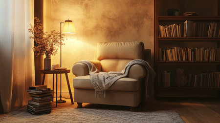 A cozy living room scene featuring a plush armchair, warm lighting, and a bookshelf full of books, perfect for a relaxing reading corner at home.の素材