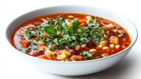 A vibrant bowl of fresh vegetable soup garnished with herbs, perfect for a healthy meal. Enjoy the colorful ingredients and rich flavors.の素材