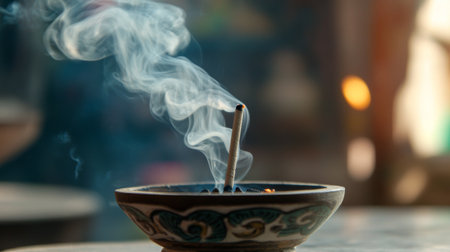A serene image of incense smoke rising from a bowl, creating a calming atmosphere ideal for relaxation, meditation, and spiritual practices.の素材