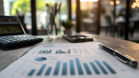 A workspace featuring graphs and charts on a report, with a calculator and pen nearby. Ideal for business analysis and financial reporting themes.の素材