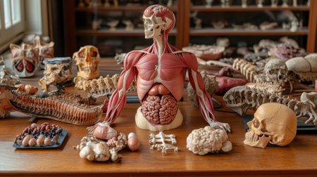 Explore a detailed display of anatomical models showcasing human organs and structures. Ideal for educational environments, this image emphasizes anatomy and biology.の素材