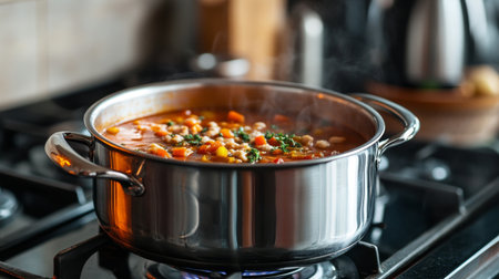 A vibrant pot of fresh vegetable soup simmering on the stove, releasing aromatic steam. Perfect for a nutritious meal full of flavor and warmth.の素材