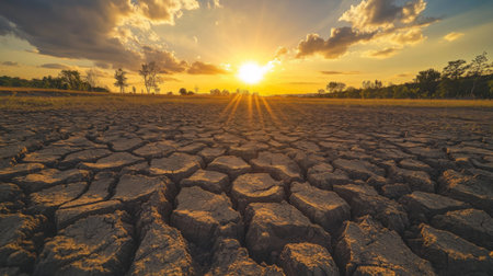 A stunning view of cracked dry earth under a vibrant sunset, with radiant sunlight casting warm tones across the barren landscape, evoking feelings of natureの素材