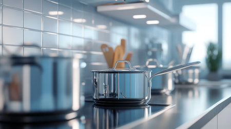 A bright and modern kitchen scene featuring stainless steel cookware on a sleek countertop. Perfect for showcasing cooking, food preparation, and contemporary design.の素材