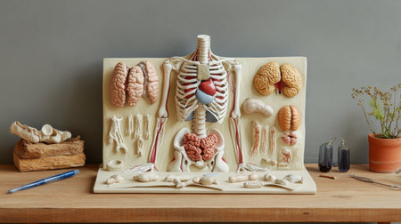 Detailed anatomical model showcasing various human organs and systems on a wooden surface, perfect for educational settings and healthcare demonstrations.の素材